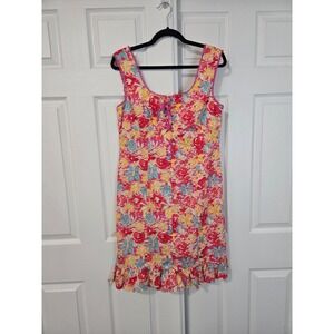 Spenser Jeremy Pink Floral Cotton Lace Up Ruffle Hem Sun Dress Size 10